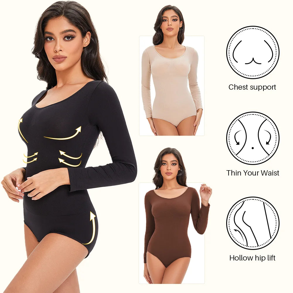 Women's Long Sleeve Stretch Thong Bodysuit